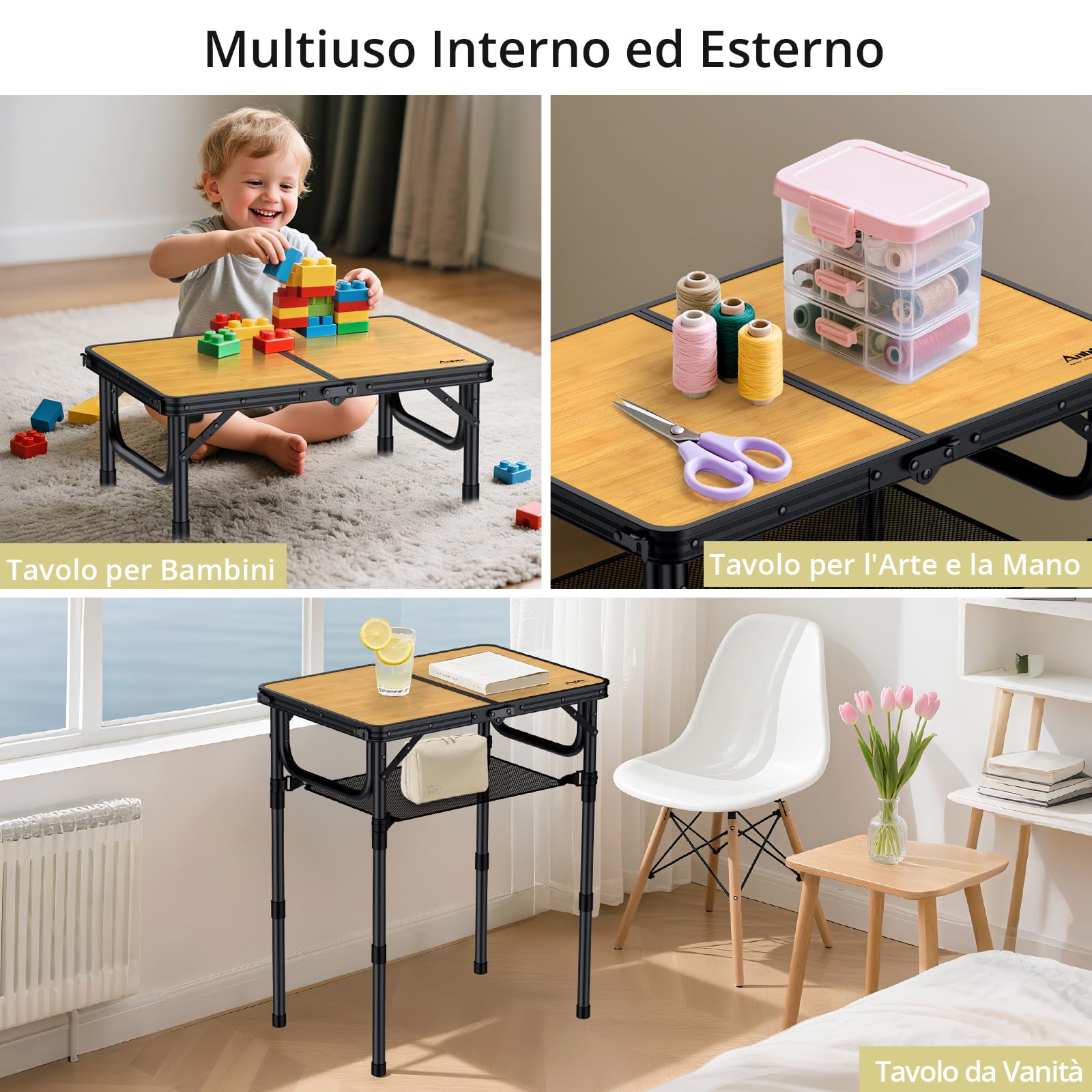 Anbte Tavolo Pieghevole da Campeggio Giardino,3 Regolabile In Altezza Portatile Tavolino da Caffè-58 * 40cm Effetto Legno Tavoli per Picnic/Spiaggia/Camera/Lavoro/Truccarsi
