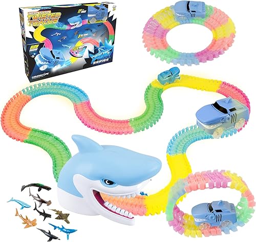 Mindscope Twister Tracks Shark Series - Juego de pistas de neón que brillan en la oscuridad de 11 pies con accesorios de tiburón