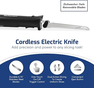 Elite Gourmet EK9810 Professional Cordless Rechargeable Easy-Slice Electric Knife with 4 Serrated Blades and Safety Lock Trigger Release, Carving Meats, Poultry, Bread, Black
