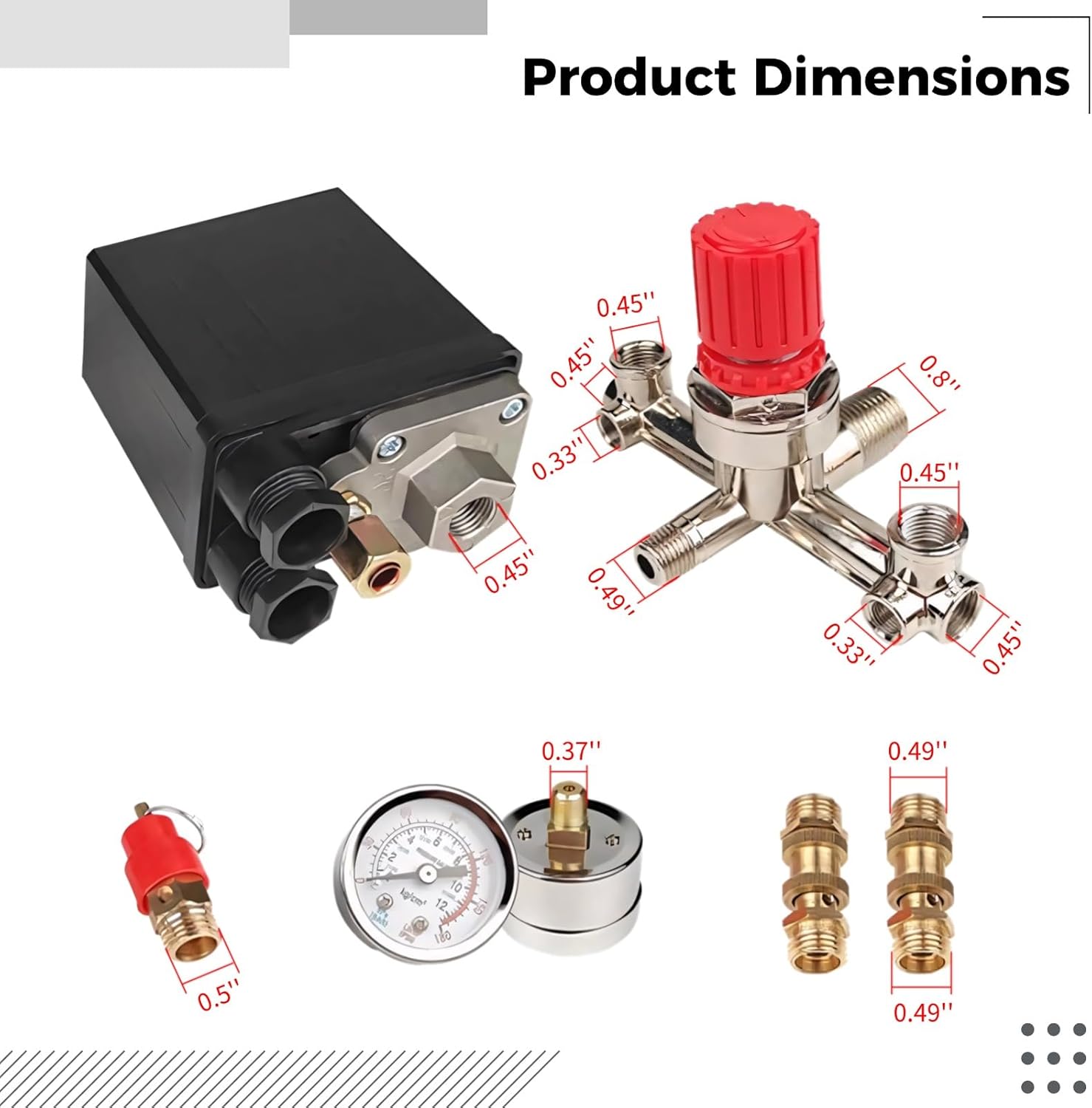 Air Compressor Manifold, & Replacement Part, 90-125 Psi Adjustable Pressure, Dual Gauge Display, Metal Build