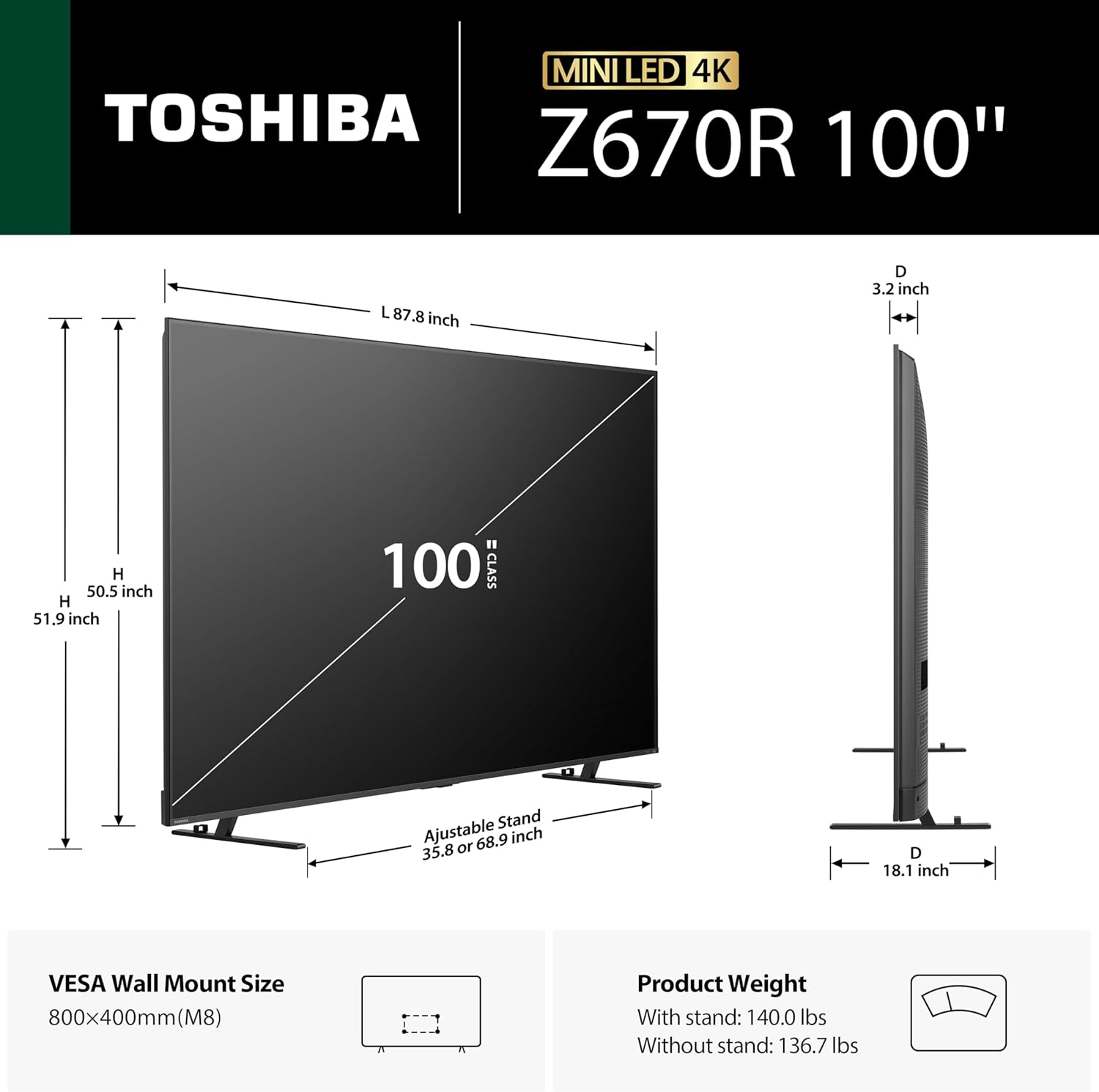 Toshiba Z670R Series TV dimensions and weight