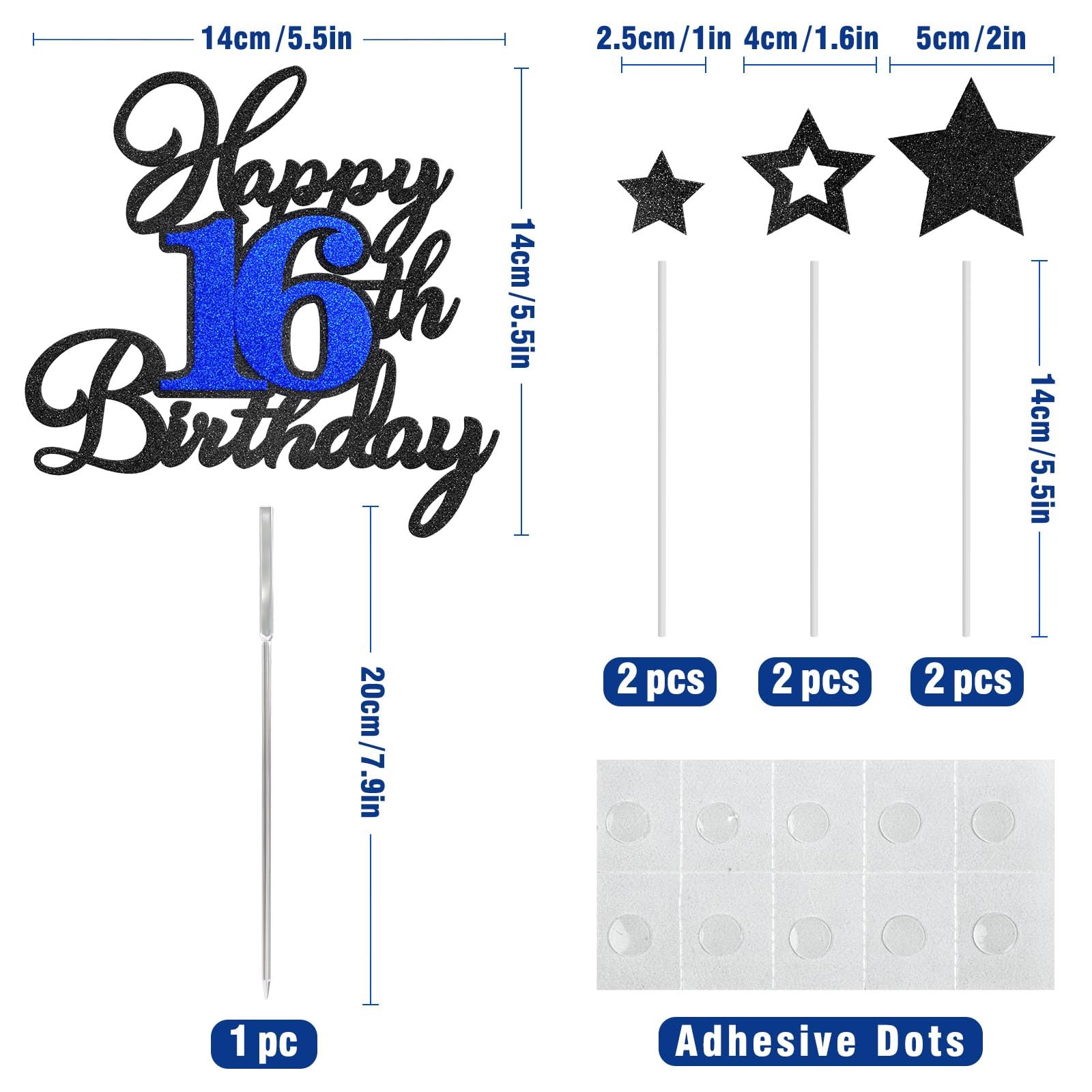 Happy 16th Birthday Cake Toppers, Black Blue Glitter Cake Decorations Set, 16th Birthday Decor, Birthday Anniversary Party Decorations Supplies