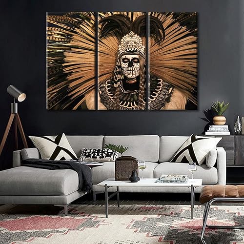 Miniatura 3 de Arte de pared de 3 piezas, pintura en lienzo del Día de los Muertos, Bailarín azteca, impresión sobre lienzo, festival mexicano, obra de arte para