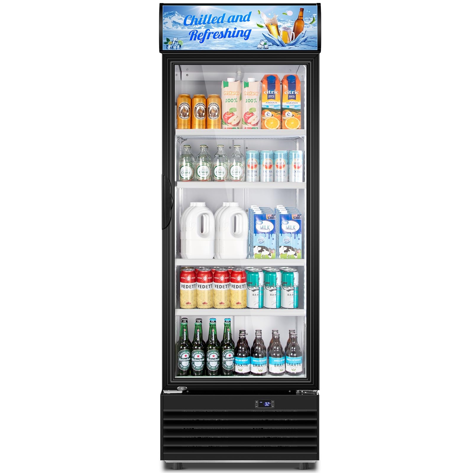 Tylza Commercial Refrigerator with Glass Door Display Beverage Fridge, 11.15 Cu Ft Upright Beverage Cooler Merchandiser with Replaceable Advertising Light Board, Rebound Door, Fast Cooling, Black