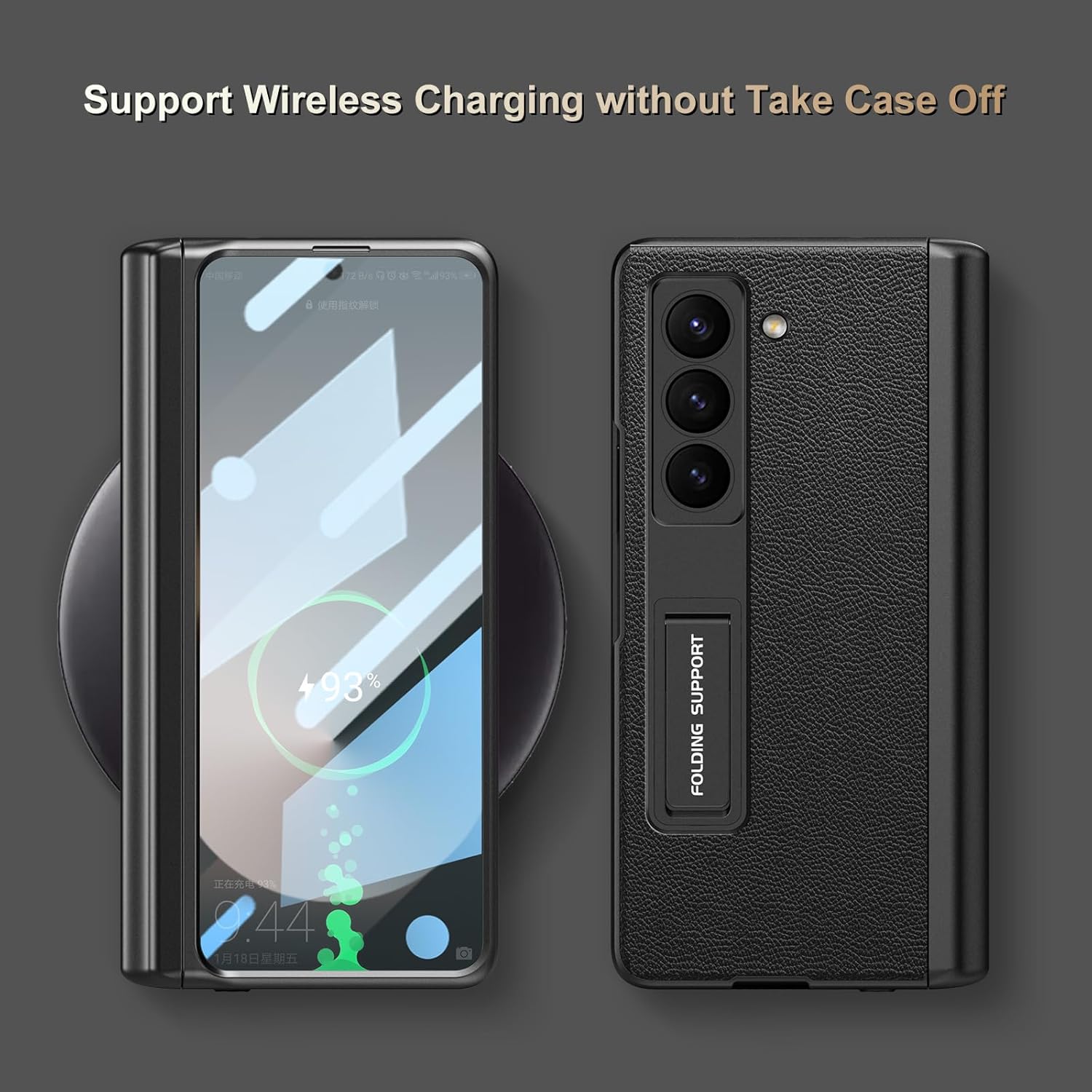 for Samsung Galaxy Z-Fold-6 Case: Built in Hidden Fold 6 New Slim S Pen Holder (2024) & Generic Stylus | Leather on Back, Screen Protector, Hinge Protection, Adjustable Stand - Black