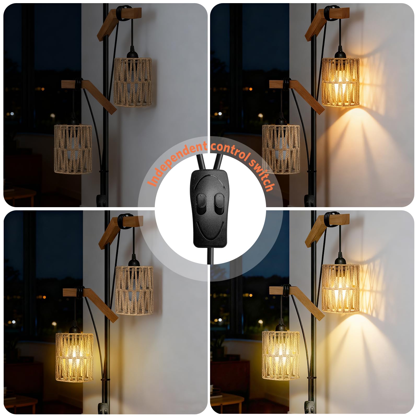 BBHome lampadaire sur pied Boho pour Salon, Lampadaire Bois 2 Lumières et Métal, Lampadaire Boho avec Abat-jour en Rotin, Lampe Industriel pour la Chambre, Salon, Bureau, Noir, Ampoule non Incluse