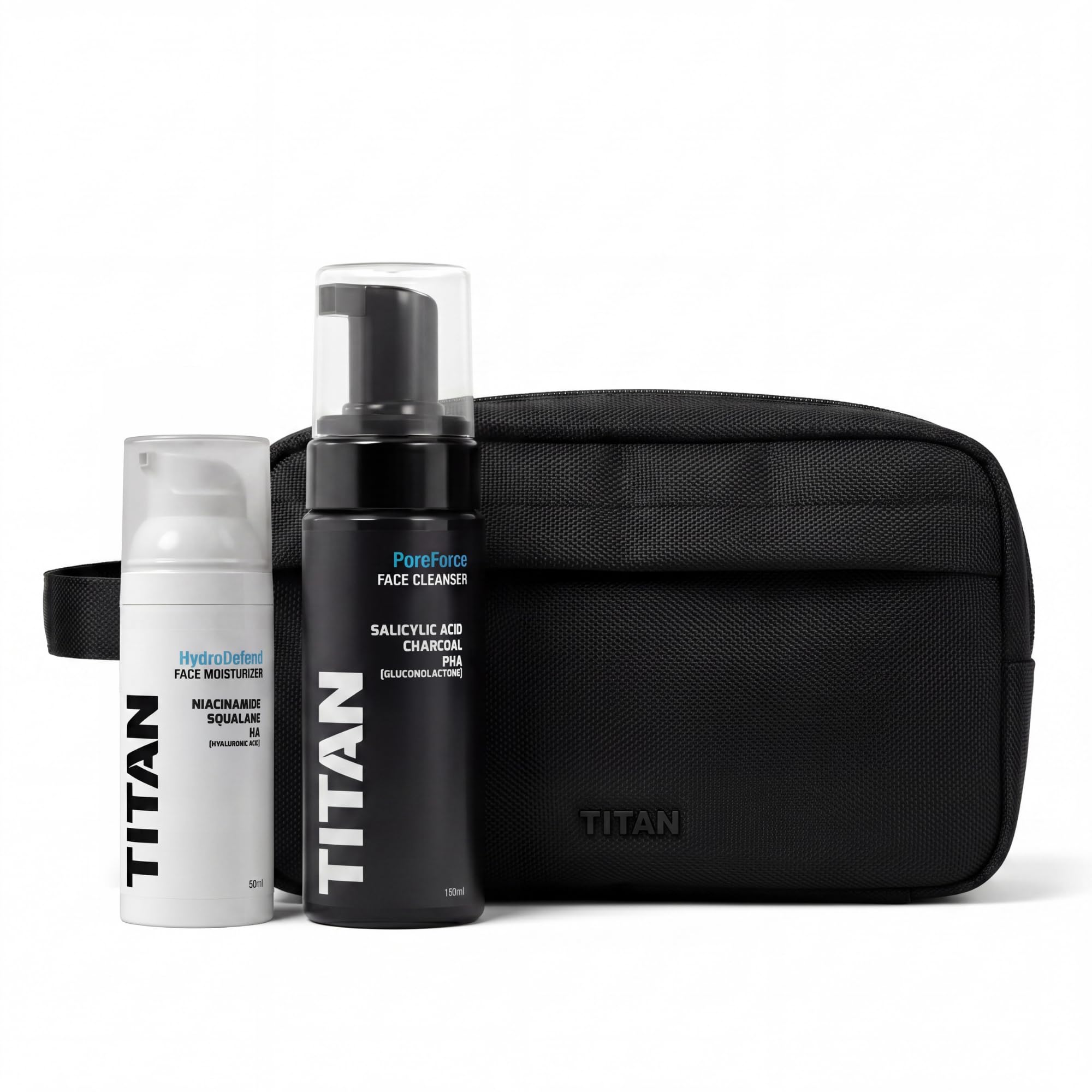 Titan Kit Cuidado Facial Hombre – Espuma Limpiadora PoreForce con Carbón Activo 150ml + Crema HydroDefend con Niacinamida y Péptidos 50ml + Neceser Nylon Balístico – Hecho en España