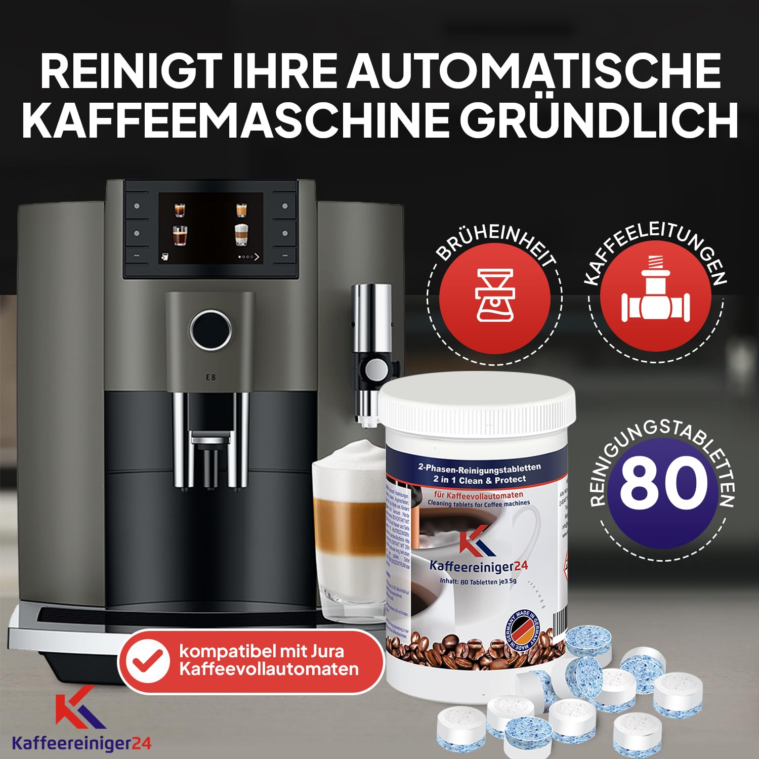 80 compresse per la pulizia a 2 fasi, compatibili con macchine da caffè automatiche Jura da 3,5 g, in barattolo ermetico con tappo a vite per una conservazione sicura