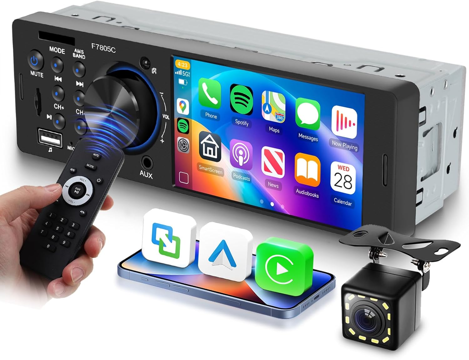 Driauto Single DIN Car Stereo with its remote control, showing the main unit's buttons and touch screen interface displaying CarPlay.