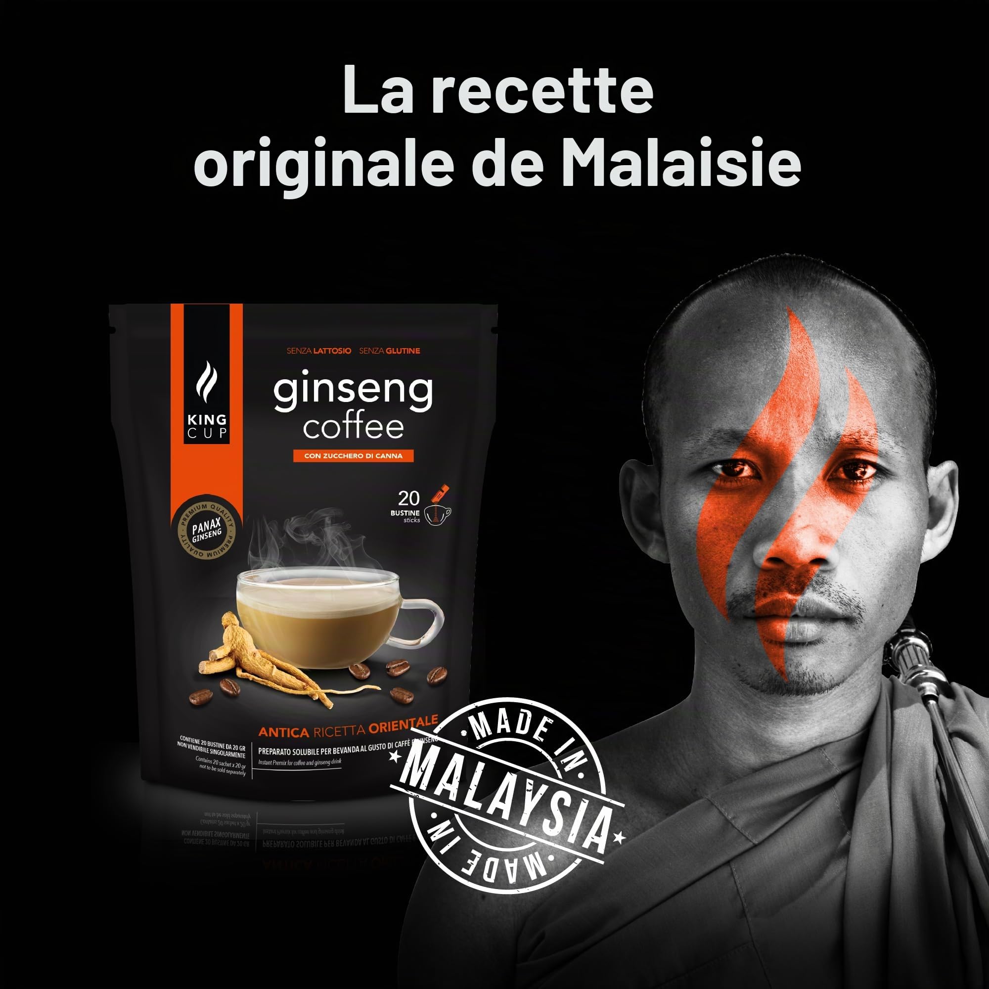 King Cup - 3 Paquets de 20 Sachets Solubles de Ginseng au Sucre de Canne, 60 Stick de 20 Gr pour Boisson Aromatisée Ginseng à Ajouter à Eau Chaude, Sans Gluten et Sans Lactose