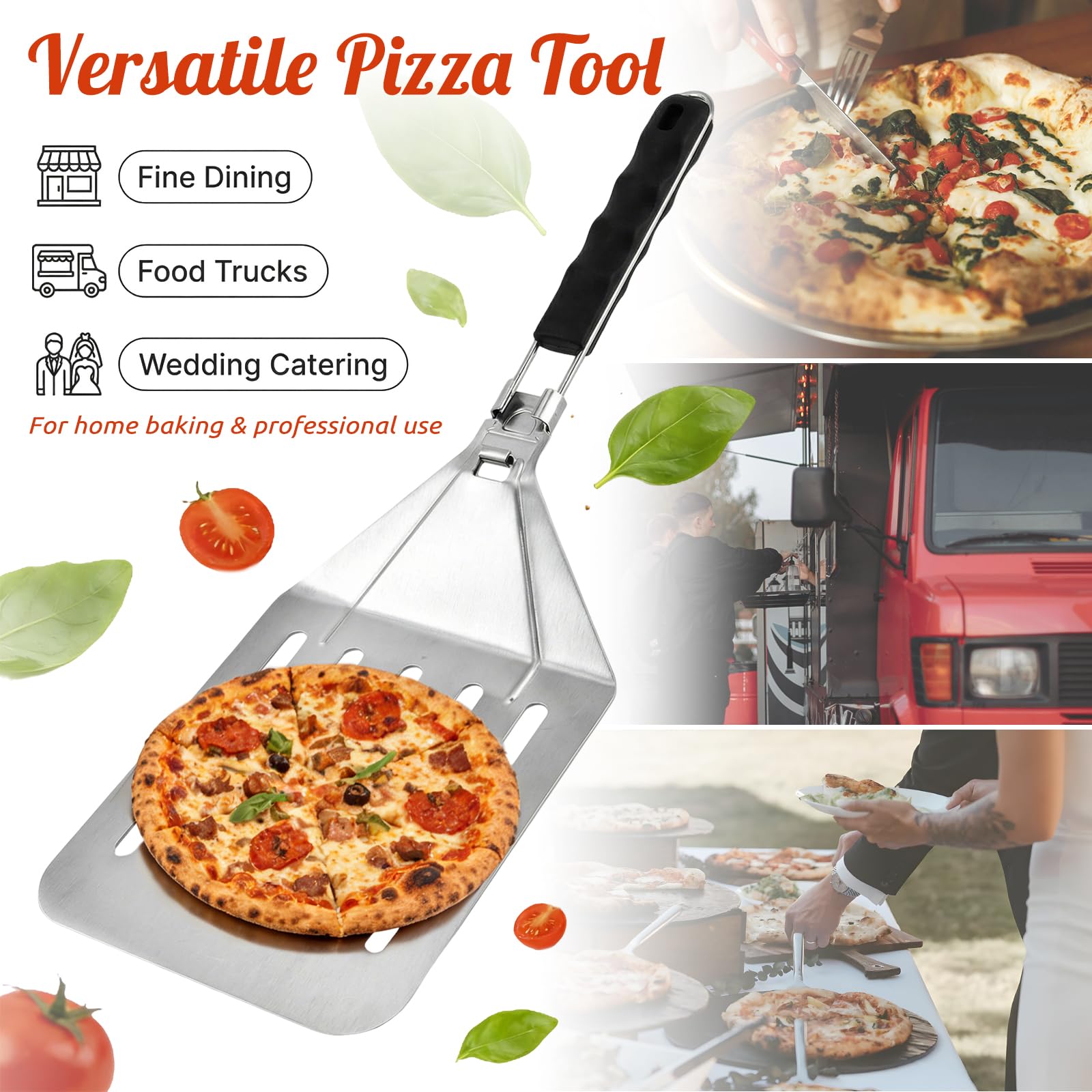 Pala Pizza Horno Perforada, Pala para Pizza de Acero Inoxidable con Mango Plegable y Colgable, Profesional para Horno de Leña Pizzas Pequeñas (8"), Pan, Alta Cocina, Pizzerías (20,3 x 23 cm)