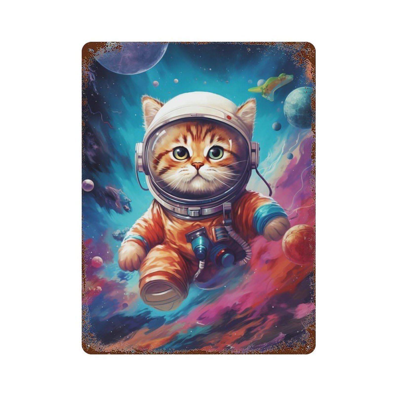 Cosmic Cat Explorer Weathered Tin Sign 15.7"x11.8", Farmhouse Wall Decor for Garage, Pub Or Kitchen
