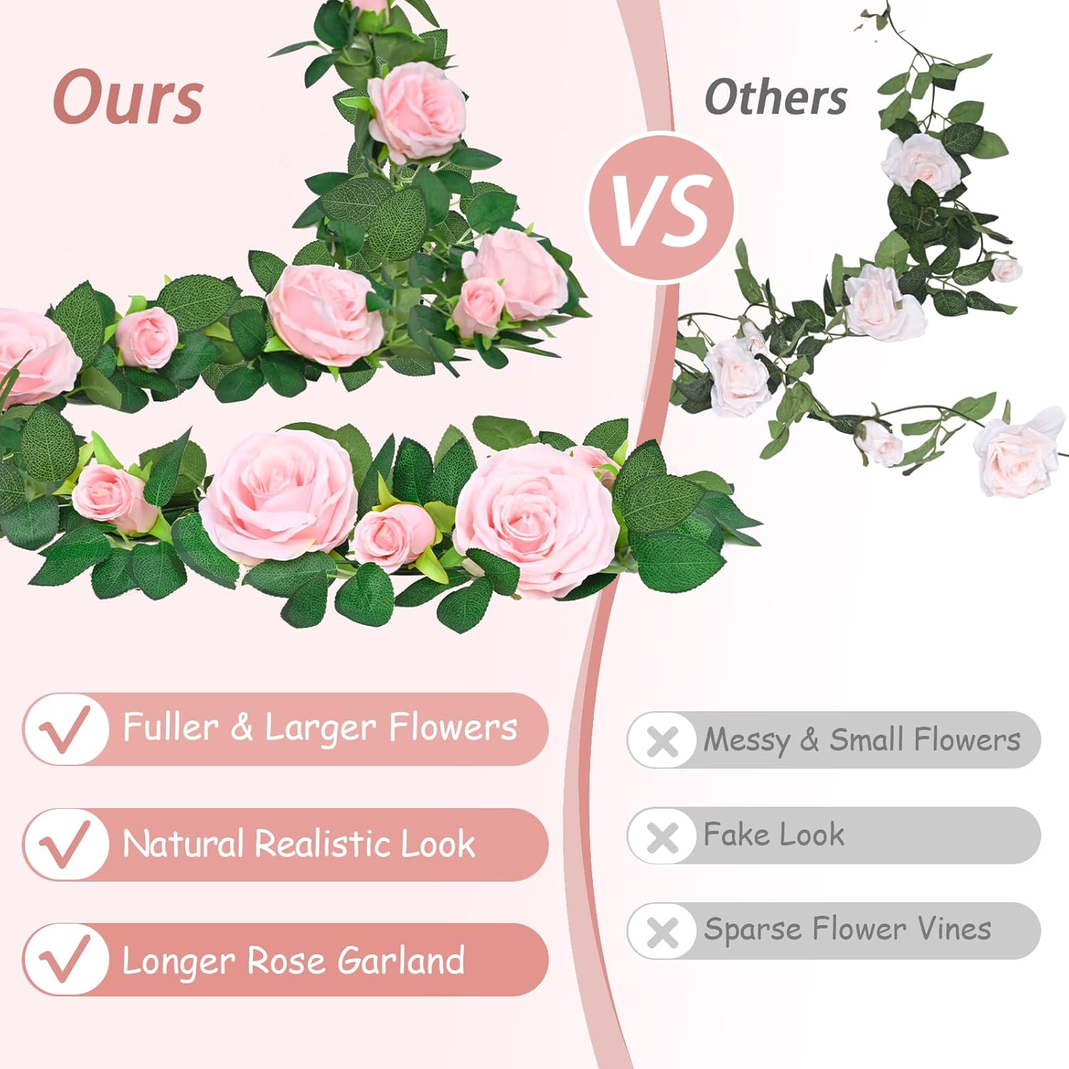 4 Pcs Flower Garland, 26.4 Ft Pink Floral Garland Fake Flowers for Home Wedding Party Wall Garden Room Outdoor Decor - Image 2