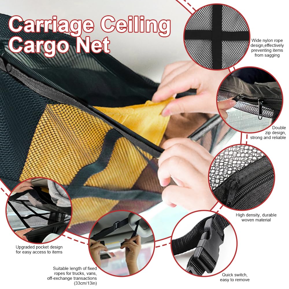 Filet de Rangement de Toit de Voiture - Double Couche | Filet à bagages de voiture pour le rangement - Filet de rangement universel pour quatre accoudoirs de toit, Jeep