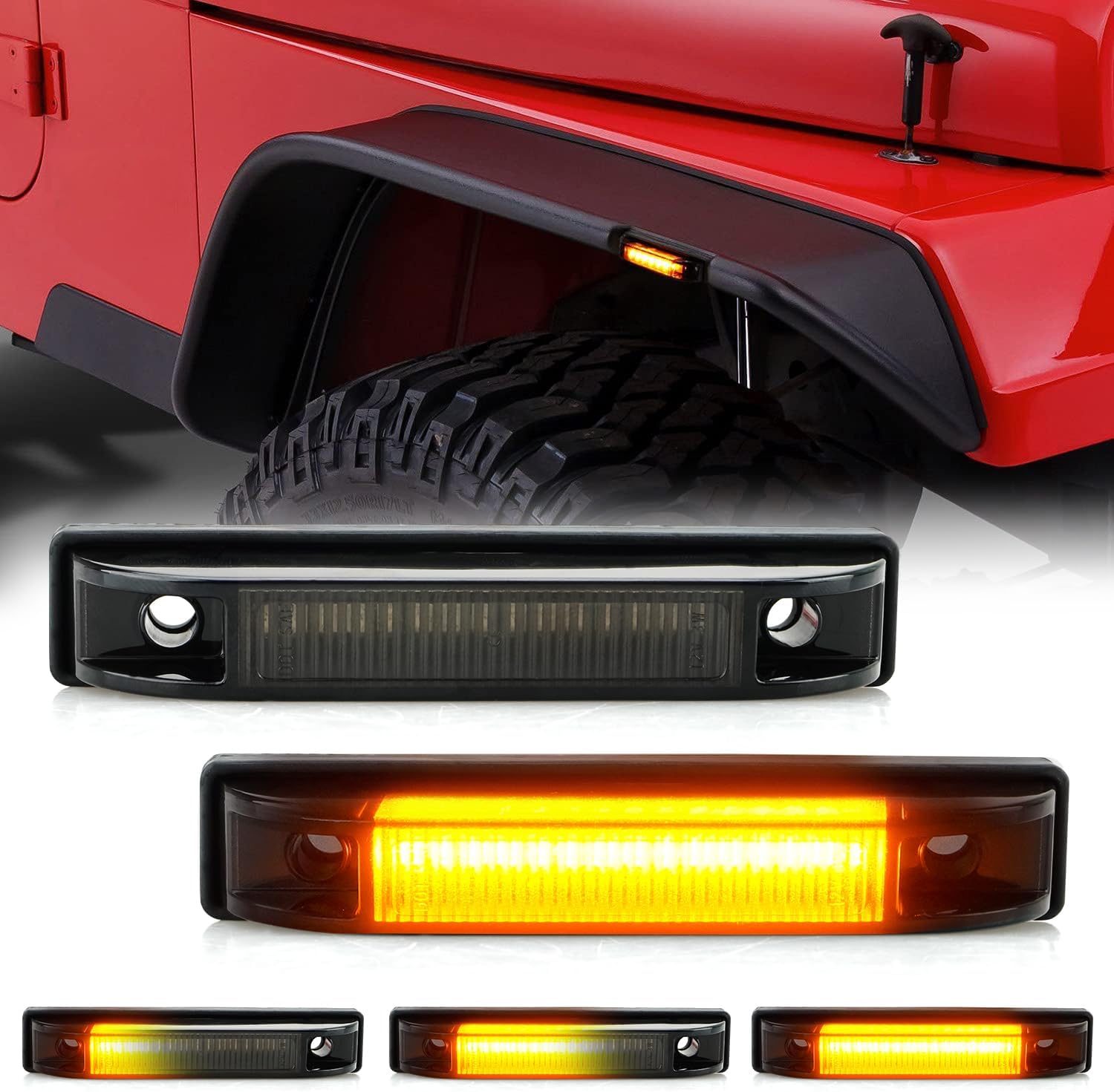 D-Lumina Fender Flare Side Marker Light Assembly Smoked Lens Amber for Je-ep Wrangler TJ JK JL Bushwacker Flat Style Fender Flares, Front Fender Turn Signal Lamp Powered by 18-SMD LED, Pack of 2
