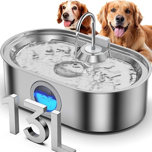 Fuente de agua para perros de 3.4 galones para perros grandes, fuente grande de acero inoxidable de 13 L para mascotas con área de bebida más