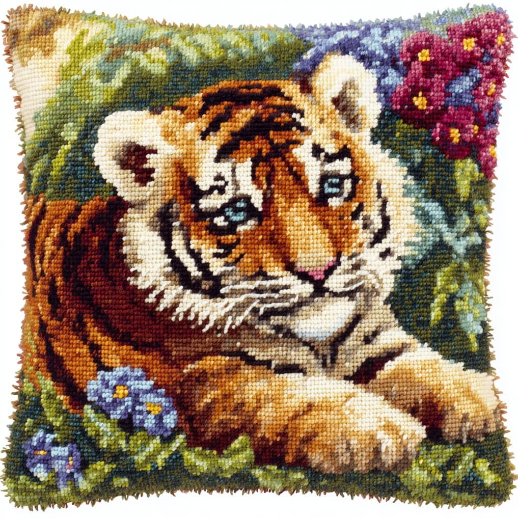 AxiangziK Latch Hook Pillow Making Kit 43x43cm,Tiger and Flower