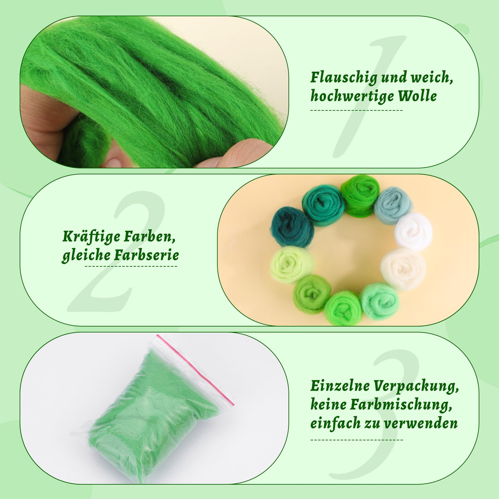 10 Colours Wool 100 g de lana de fieltro, juego de fieltro de aguja con lana roving en serie verde, lana para fieltro con agujas, kit de fieltro con agujas de fieltro, juegos de fieltro de aguja para