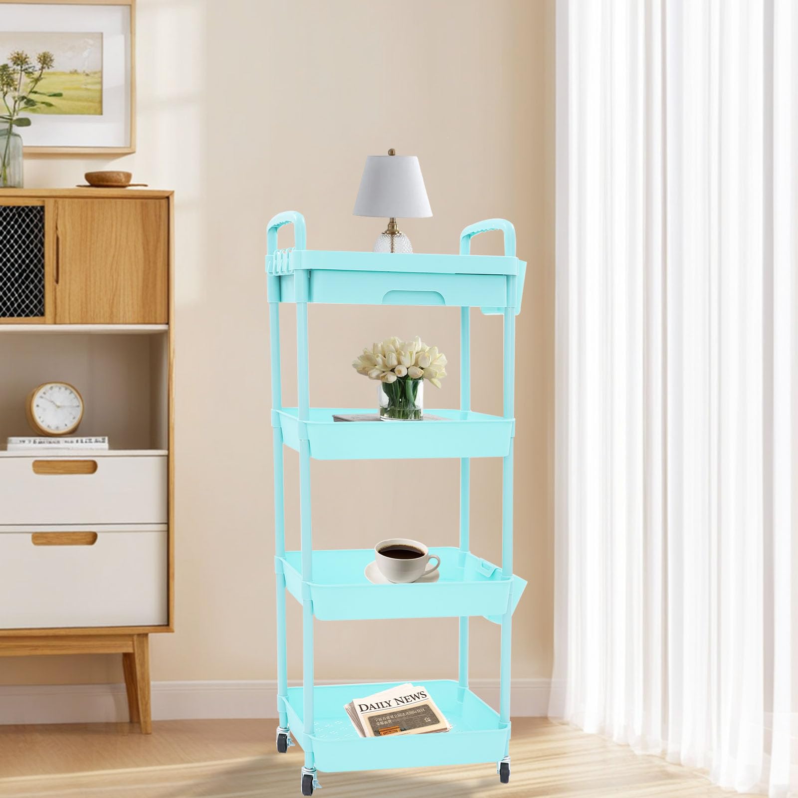 Carrello portaoggetti a 4 ripiani con cassetto, carrello multifunzione per camera da letto, cucina, bagno, soggiorno, blu
