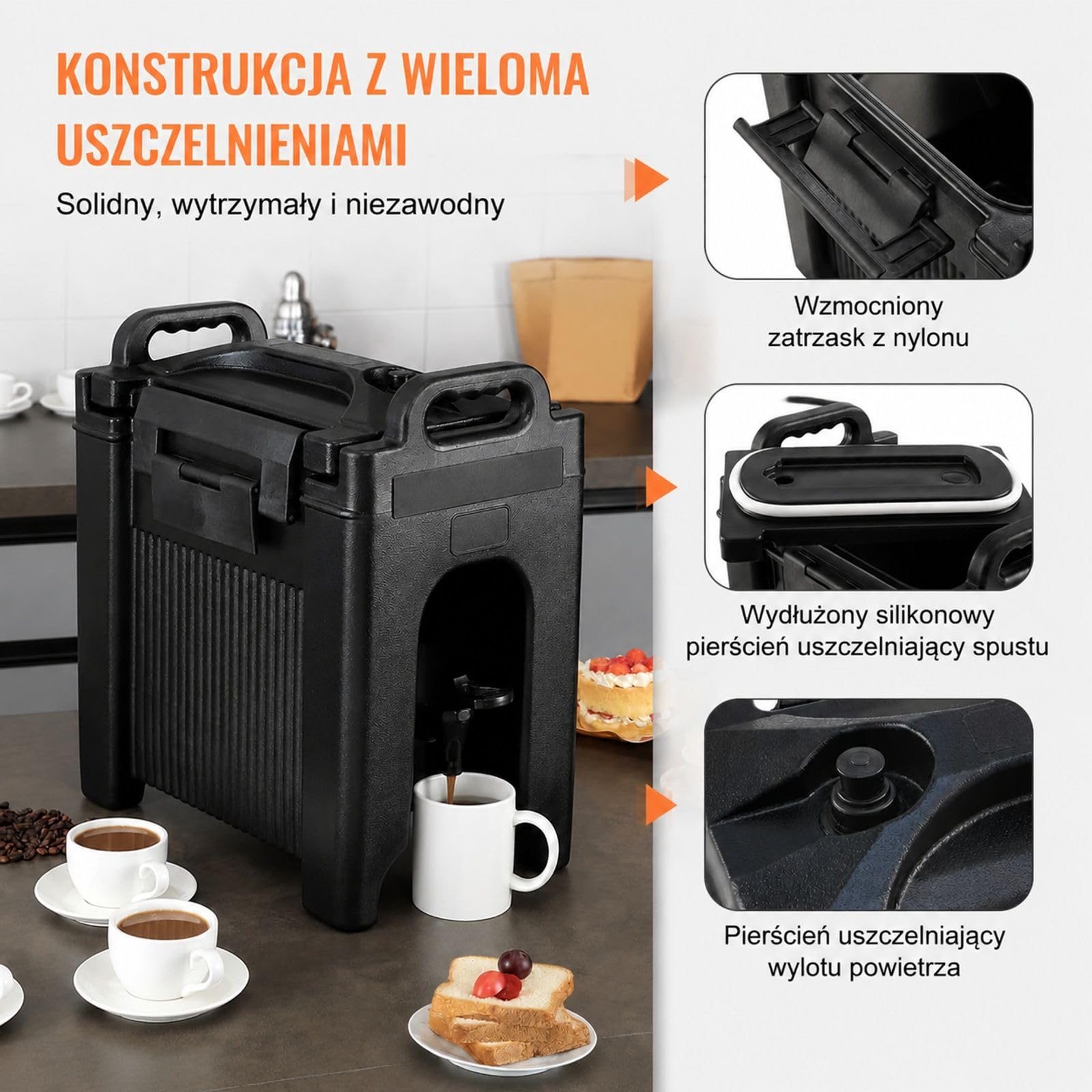 Dozownik napojów 9,5 l LDPE z kranikiem, do gorącej i zimnej kawy, mleka, wody, soku, dzbanek izolowany dla 1-2 osób
