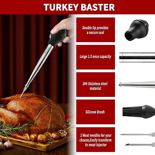 Miniatura 12 de JY COOKMENT Jeringa de acero inoxidable para pavo Baster Baster Jeringa para cocinar Inyector de carne con 2 agujas de marinada, 1 cepillo de Acero