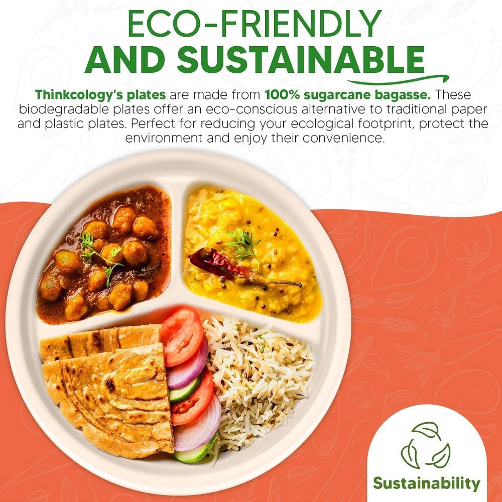 Compostable 3 Compartment Paper Plates 10 inch 150-Pack – Disposable Divided Plates – Made of Biodegradable Sugarcane Bagasse – Round Heavy-Duty Eco-Friendly Dinner Plate – Natural Brown