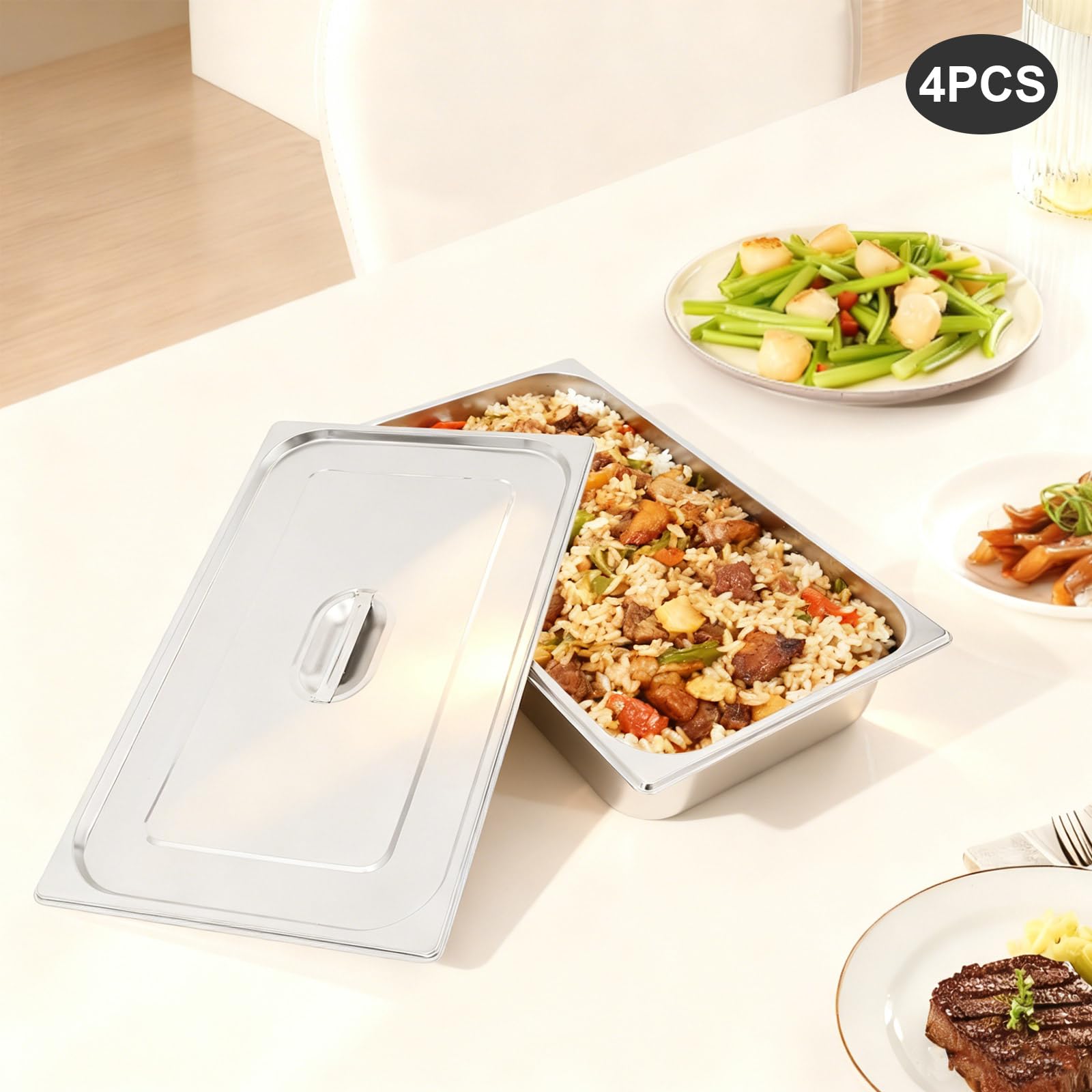 4 contenitori per gastronorm, in acciaio inox con coperchio