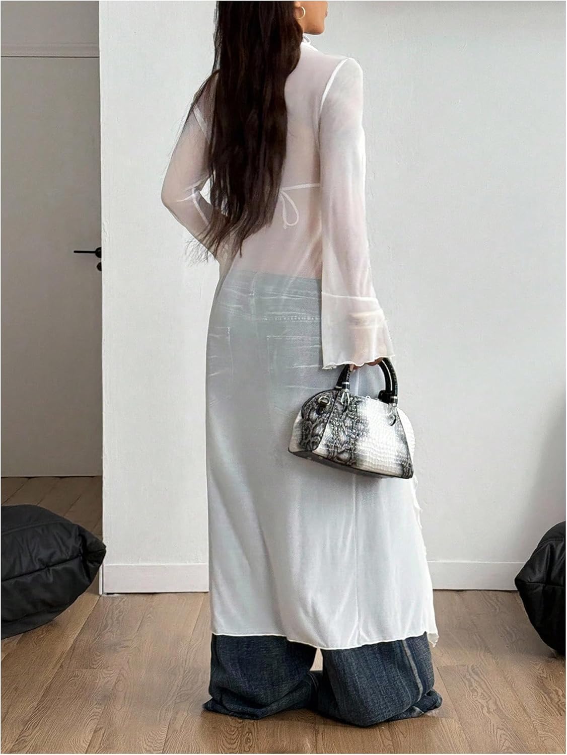 GORGLITTER Women's Sheer Cardigan Mesh Ruffle Bell Long Sleeve Tie Front Tops Y2K See Through Goth Alternative Clothes White Small - Image 2