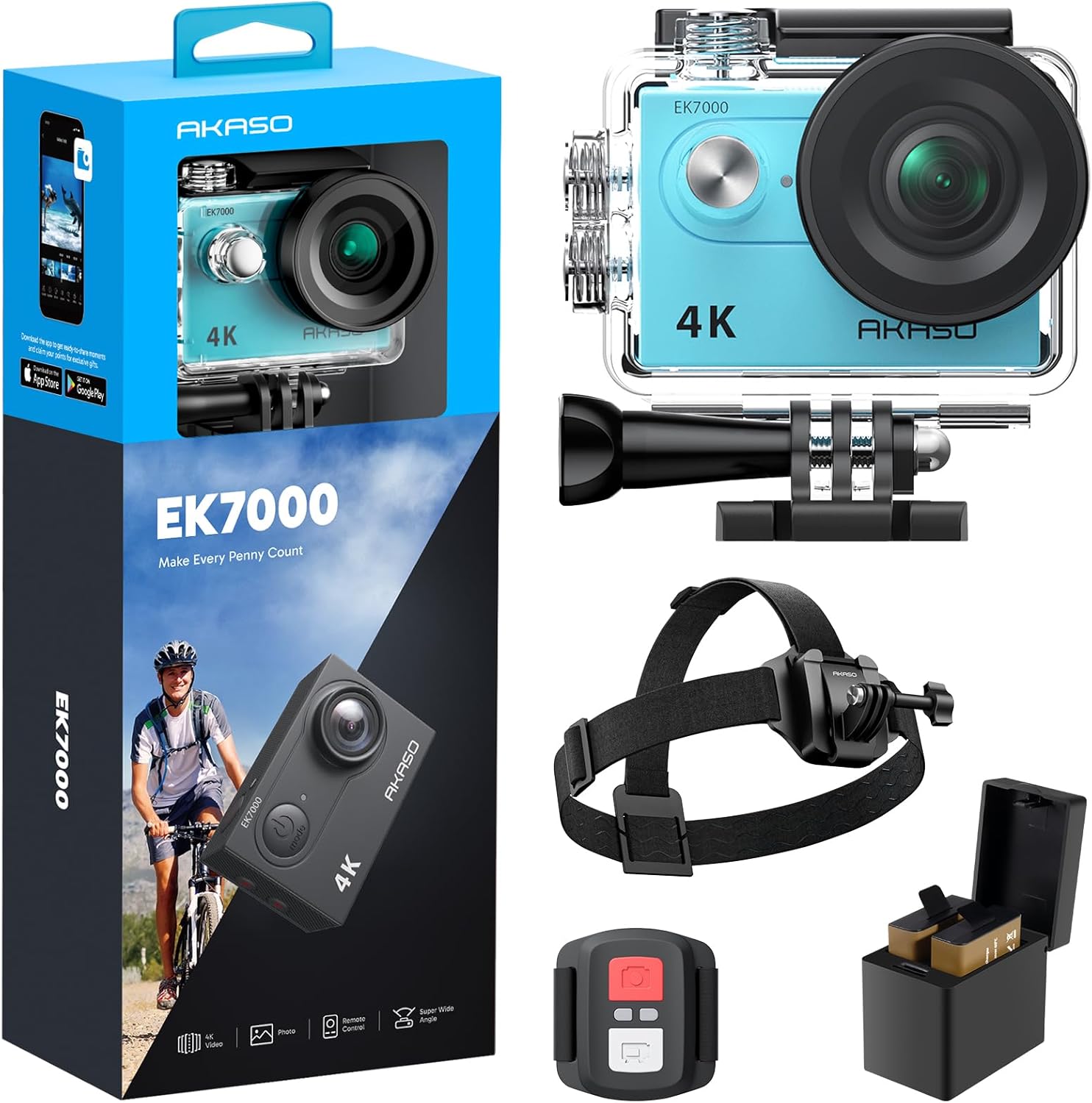 AKASO EK7000 Action Camera and Quick Release Head Strap Mount Bundle