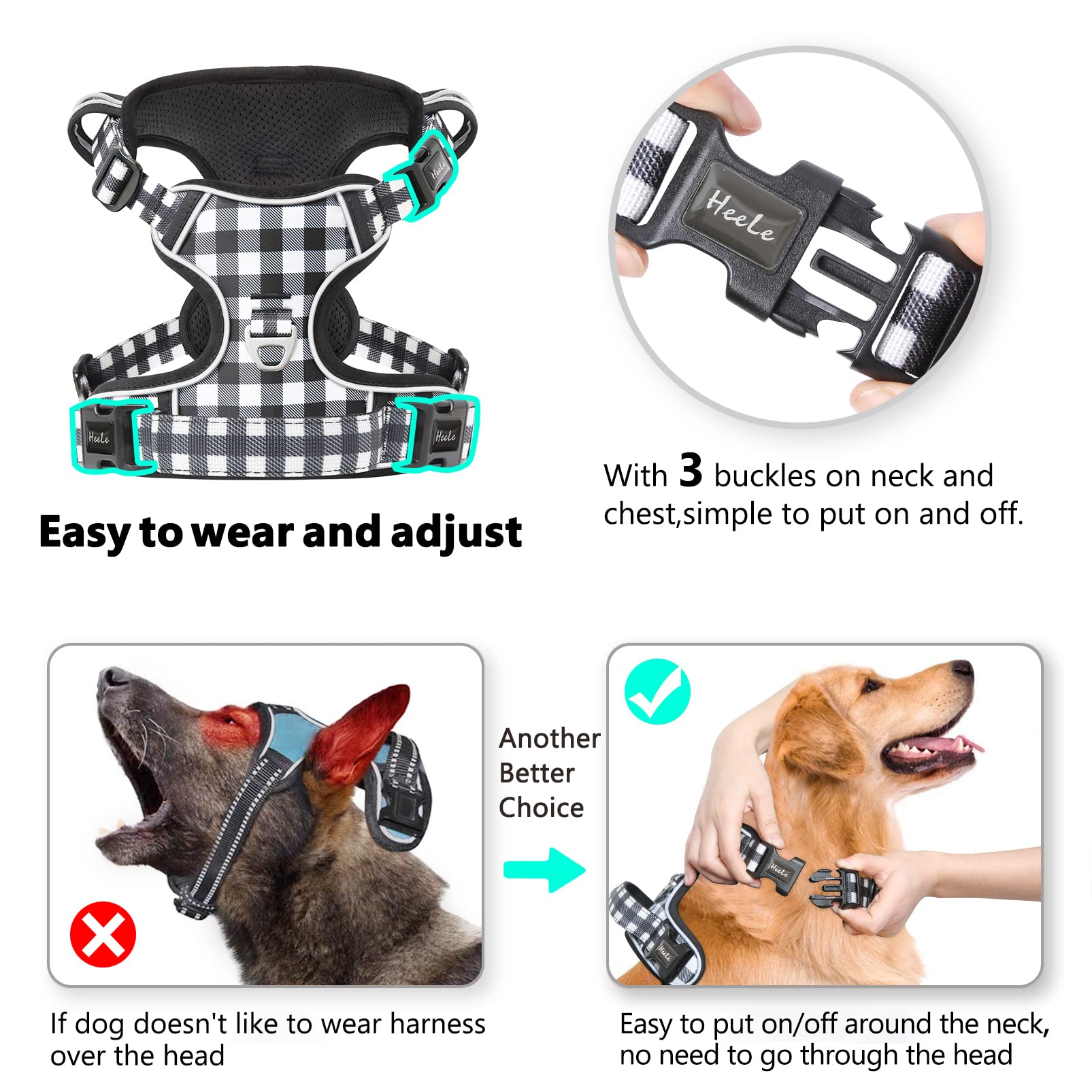 HEELE Pettorina Cane, Imbracatura Sganciata Rapido dal Collo, Pettorina Anti-tiro Riflettente e Regolabile con Maniglia Comoda, Morbida e Imbottita per Cani Piccola Media Grande, Bianco-Nero M