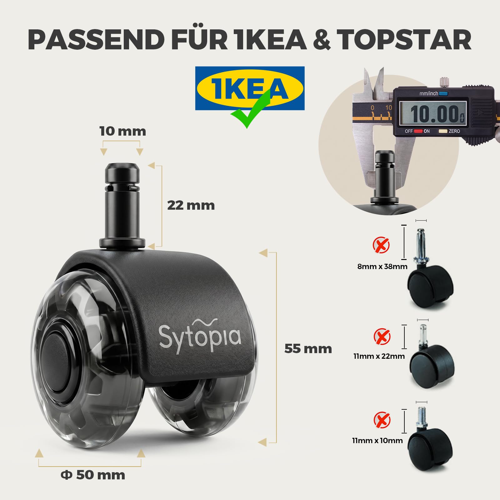 Sytopia Sedia da ufficio con ruote da 10 mm x 22 mm, set di 5 ruote per sedie da ufficio 1KEA, ruote per sedie da ufficio, ruote per ruote, colore nero