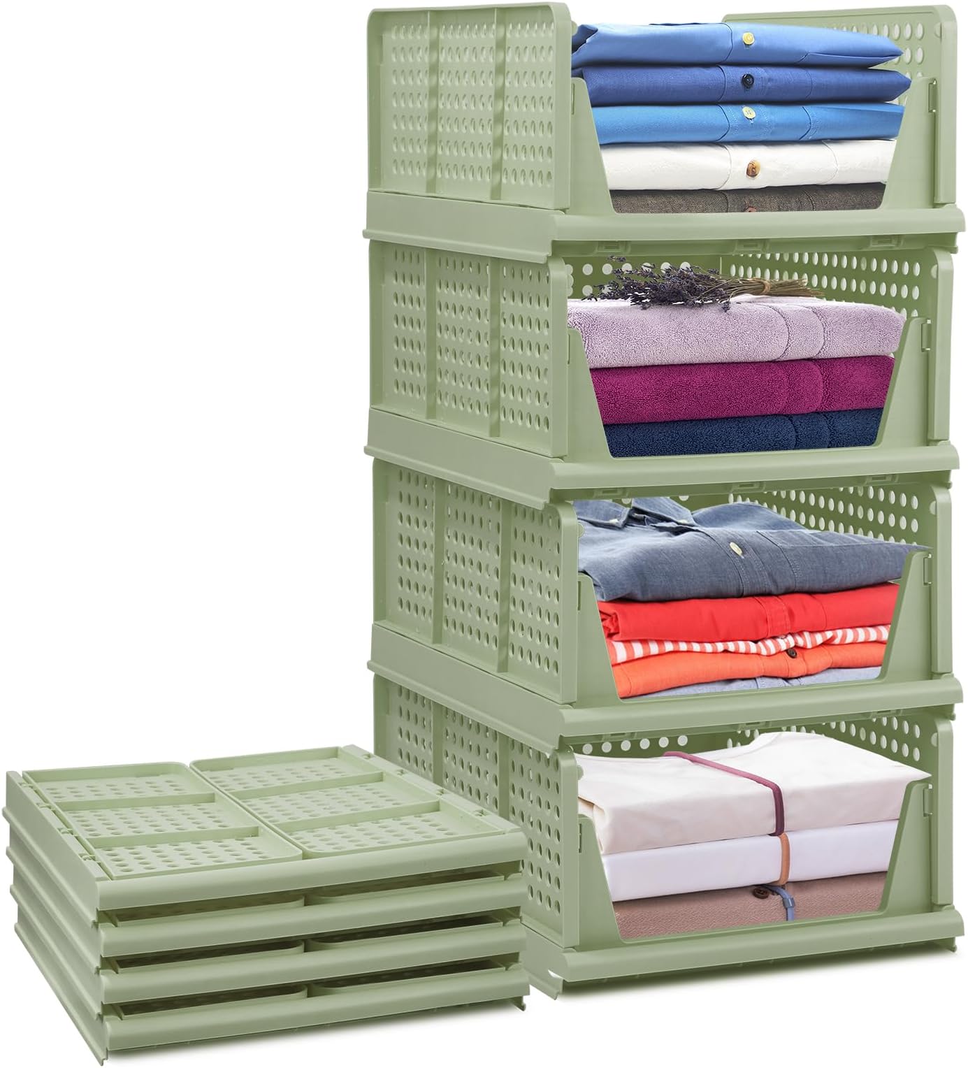 Set of 4 Stackable Foldable Wardrobe Storage Box Organizer (Easy Open and Folding), Plastic Wardrobe Shelves Closet Organiser Box, Pull Out Like a Drawer, Suitable for Home, Bedroom, Kitchen