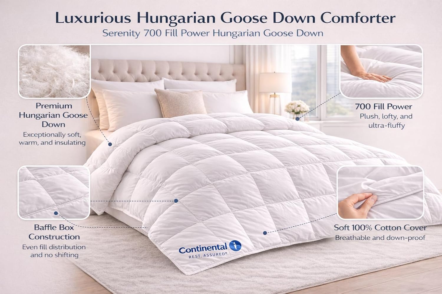 Continental Bedding Serenity Hungarian White Goose Down Comforter 700 Fill Power All Season Medium Weight Baffle Box Construction 100% Cotton Shell Made in USA Queen Size 86 x 86 Inches - Image 2