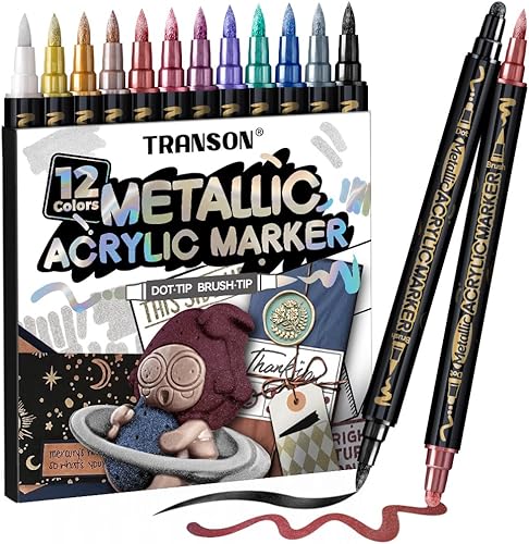 Miniatura 8 de TRANSON Juego de 4 marcadores de pintura negra y 4 blancos y marcadores de pintura acrílica de doble punta para pintura de roca, vidrio, lienzo, 4