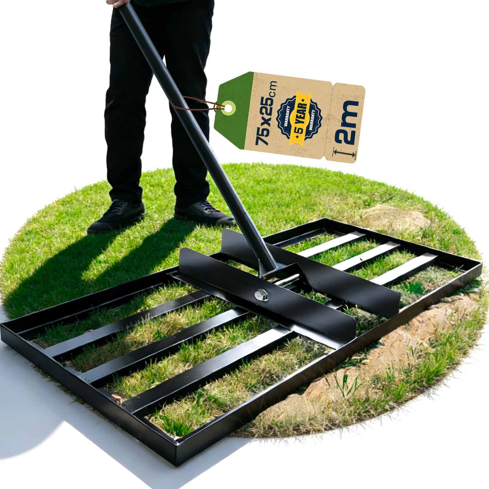 Warmfay Rasenrechen 75x25 cm inkl. 2M Verstellbarem Metallstiel mit Gewinde-Verschraubungssystem, Handlicher & Robuste Rasen Nivellierrechen für Garten, Golfplatz, Rasenpflege, Rasen Sanden