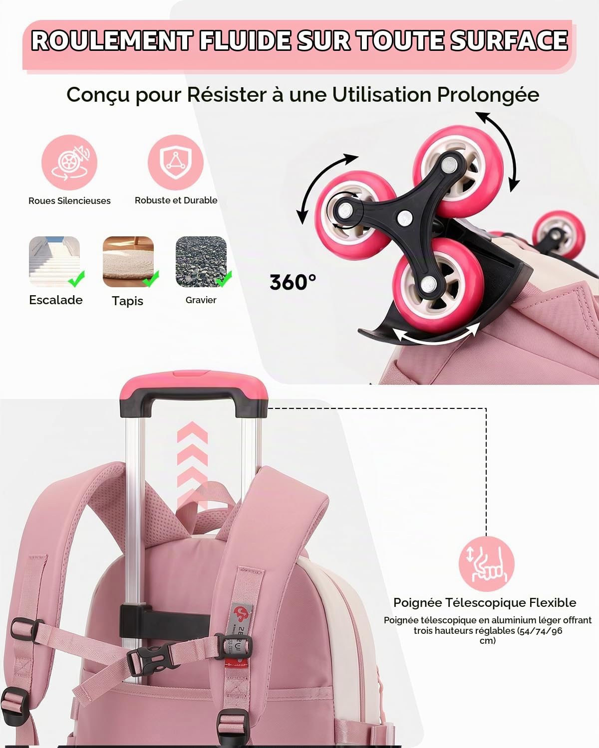 Tanou Cartable a Roulette Fille pour Ecole Primaire et Collège, 30L