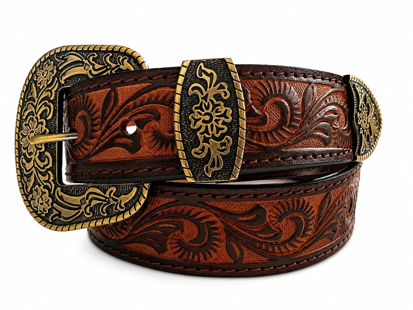 Morgan Bags Genuine Leather Belt for Men | Vintage Engraved Antique Brass Buckle | Handcrafted Embossed Brown Leather Belt | Casual Western Cowboy Style Belt-picture-29