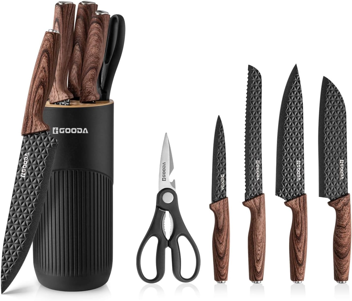 GOODA Kitchen Knife Set With Block,6-Piece Professional Chef Cooking Knives Set For Kitchen,Non-Stick Stainless Steel Knife Block Set