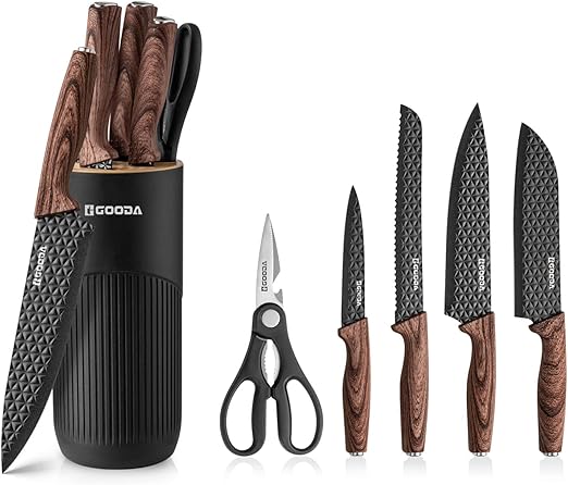 GOODA Kitchen Knife Set With Block,6-Piece Professional Chef Cooking Knives Set For Kitchen,Non-Stick Stainless Steel Knife Block Set