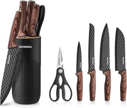 GOODA Kitchen Knife Set With Block,6-Piece Professional Chef Cooking Knives Set For Kitchen,Non-Stick Stainless Steel Knife Block Set