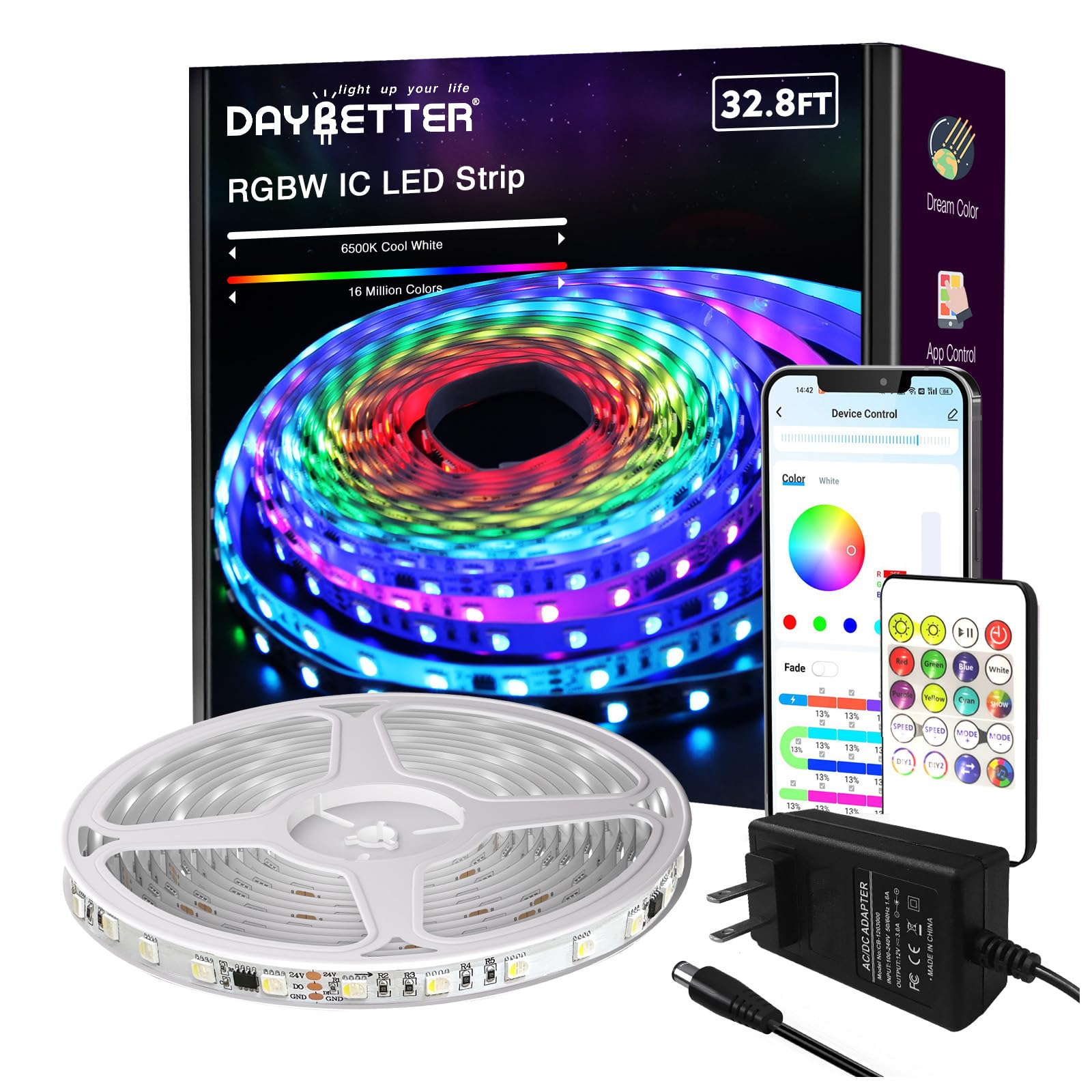 DAYBETTER RGBW IC LED Strip Lights, Smart RGB+6500K White 4 Color in 1 LED Lights with Built-in IC Chip, High Density?60 LEDs per 3.2ft/1M? Dream Color LED Strip for Bedroom, Home Decor, 32.8ft, 24V