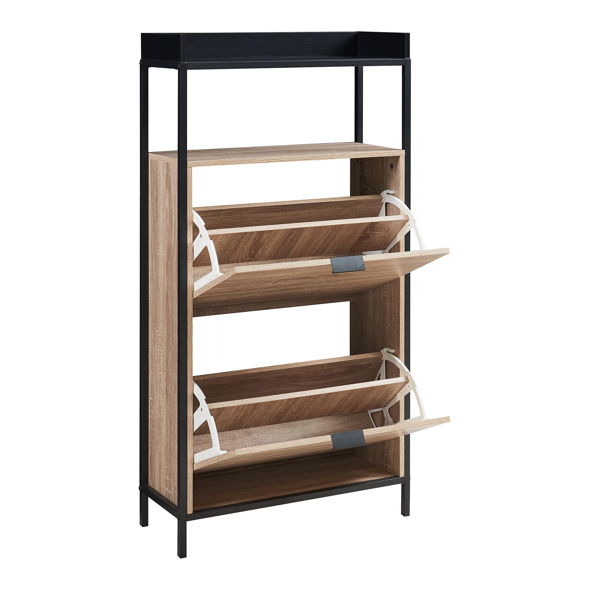 [en.casa] Zapatero Belana Mueble Recibidor con 2 Puertas Abatibles 1 Compartimento Abierto y Estante Superior con Borde para 8-12 Pares de Calzado 116 x 60 x 24 cm - Negro/Efecto Roble