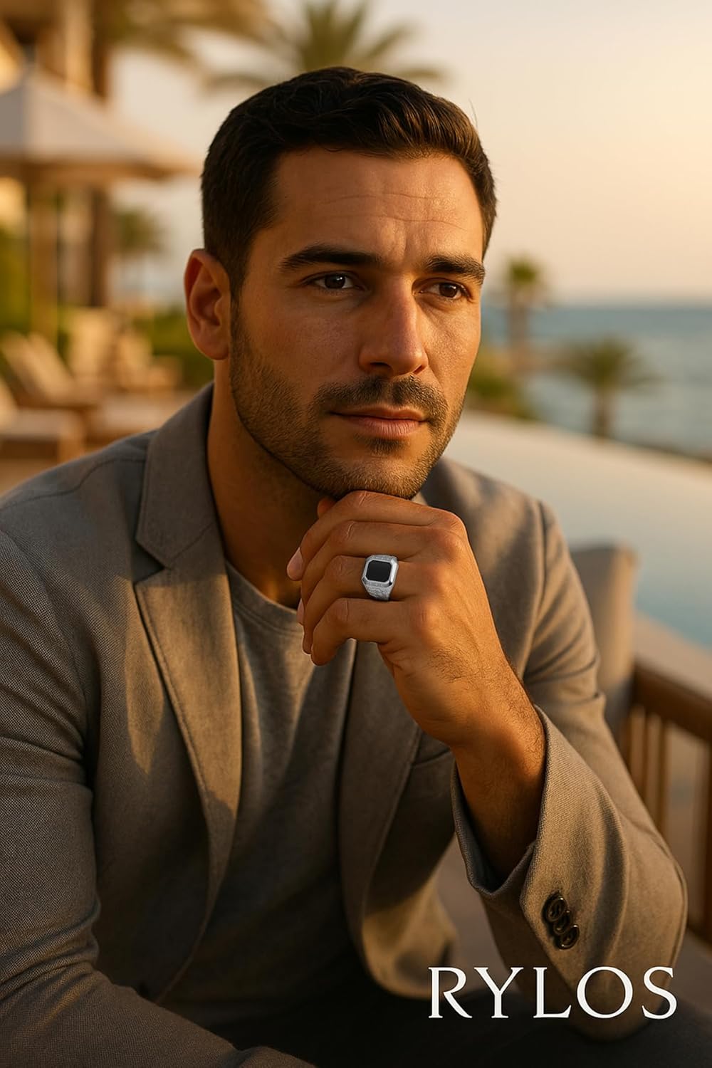 Rylos Men's Rings With Diamonds and Black Onyx, Tiger Eye, Blue, Green, or Red Quartz Set in Designer Nugget Style - Unique Sterling Silver Rings for Men, Sizes 8-13