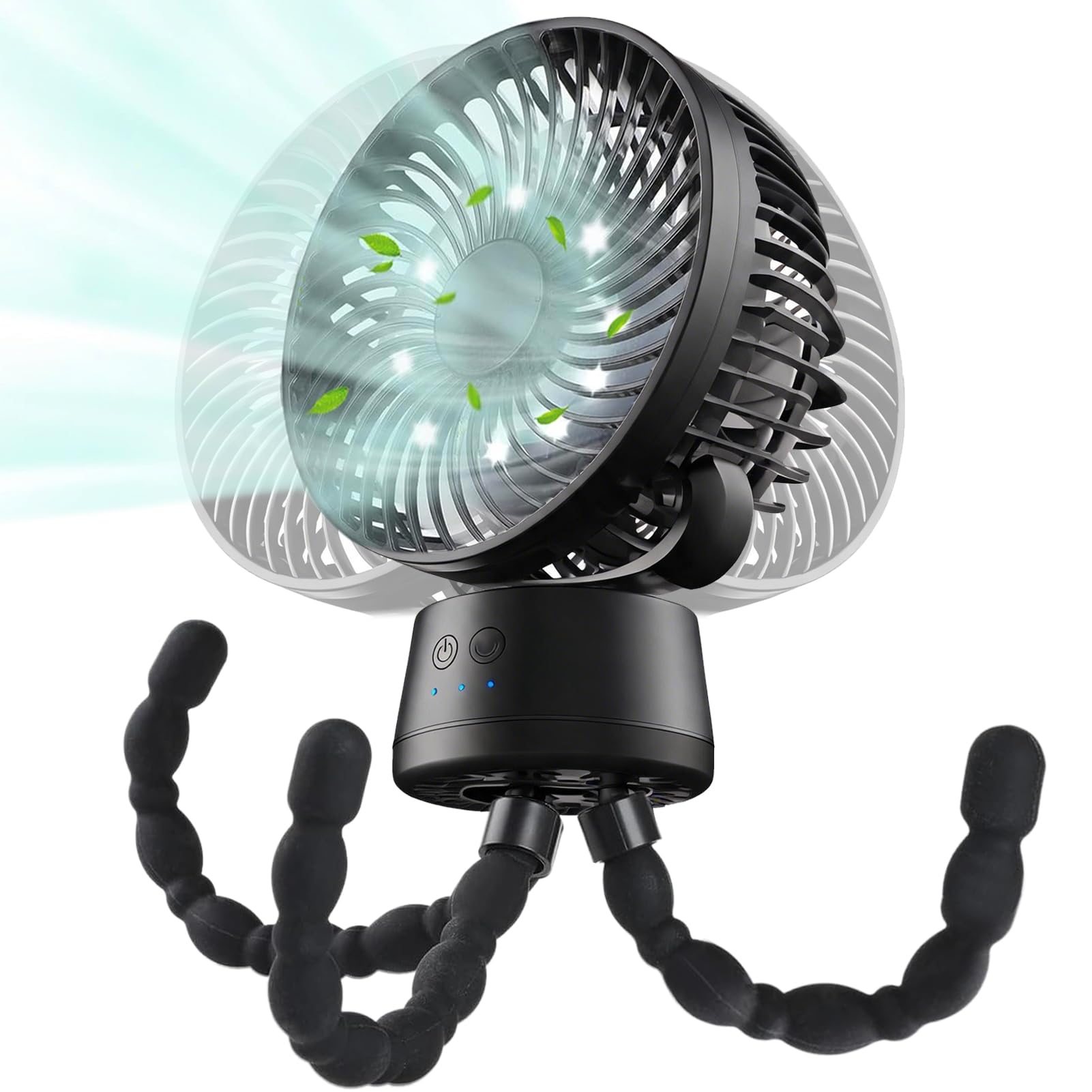 10000 mAh Ventilatore Passeggino, Oscillazione Automatica | Ventilatore Portatile Passeggino con Luce Notturna,3 Velocità,Treppiede Flessibile,Ventilatore Silenzioso,Nero