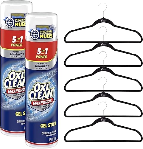 Paquete de quitamanchas dos barras de gel para quitar manchas "Oxi" de 6.2 onzas líquidas más cinco perchas de terciopelo premium de Carefree
