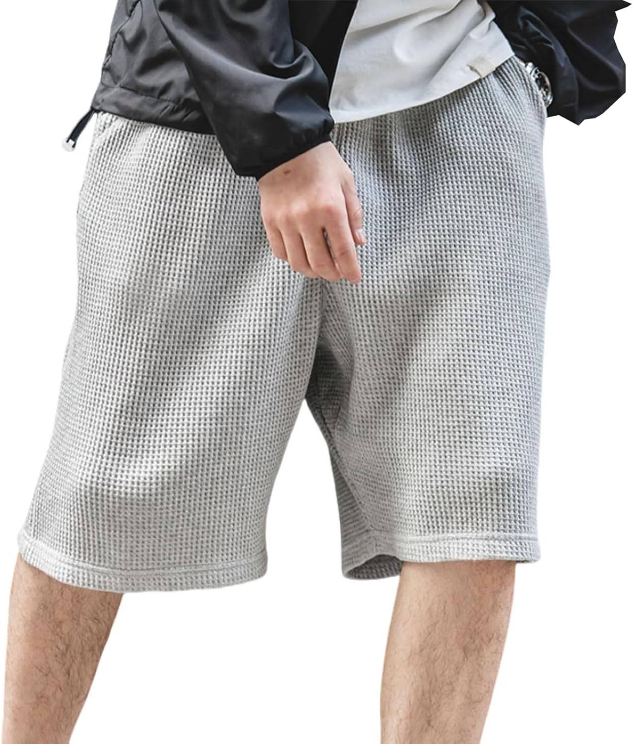 Mens Waffle Cotton Shorts Elastic Waist Casual Running Workout Shorts with Pockets