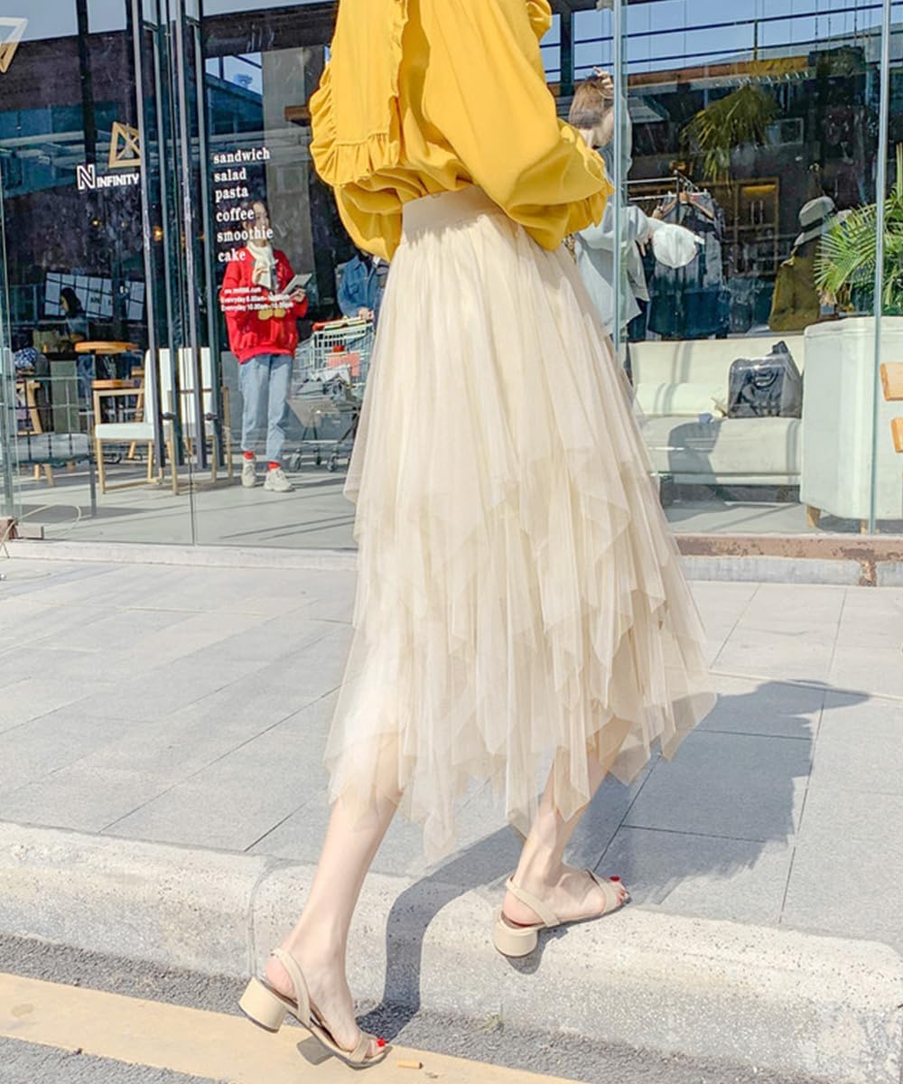 Tulle Skirts for Women Midi Long Fairy Skirt Tutu A-Line Mesh Layered High Elastic Waist Halloween Skirts - Image 3