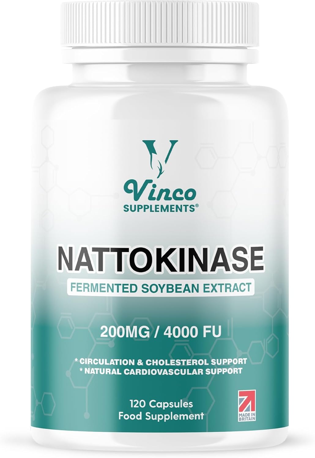 Vinco Nattokinase 120 Capsules – 4000 FU – 200mg – High Strength Japanese Natto – Supports Heart Health & Circulation – Non-GMO & Gluten Free – Made in The UK