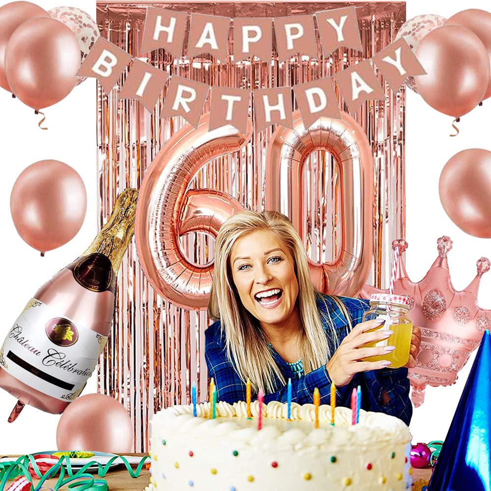Decoraciones De Cumpleaños Número 60 Para Mujer, Globos, Pancarta De Feliz Cumpleaños, Globos De Confeti De Oro Rosa, Decoración De Fiesta Para Niños De 60 Años