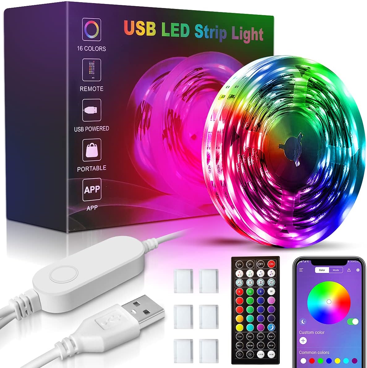 GOTUS USB 32.8ft LED Light Strips - 16 Million Colors Changing, Built-in Mic Music Mode, Smart Circuit Protection Lights Strip, with 3 Control Ways(APP+Remote Control+Control Box)